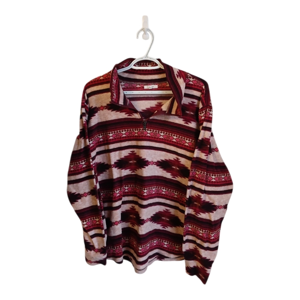 Maurices Half-Zip Aztec Pattern Pullover - Burgundy & Cream Hippie Bohemian XXL